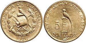 5 Quetzal Republic of Guatemala (1838 - ) Gold 