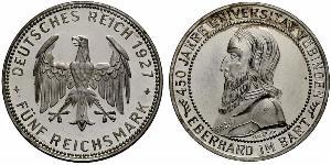5 Reichsmark República de Weimar (1918-1933) Plata Everardo I de Wurtemberg