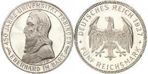 5 Reichsmark República de Weimar (1918-1933) Plata Everardo I de Wurtemberg