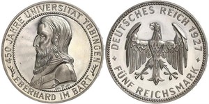 5 Reichsmark República de Weimar (1918-1933) Plata Everardo I de Wurtemberg