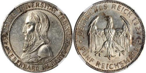 5 Reichsmark República de Weimar (1918-1933) Plata Everardo I de Wurtemberg