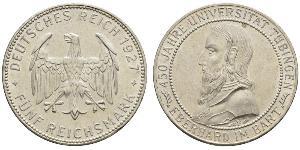5 Reichsmark Weimarer Republik (1918-1933) Silber Eberhard I. (Württemberg, Graf)