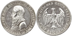 5 Reichsmark Веймарская республика (1918-1933) Серебро Эберхард I Светлый