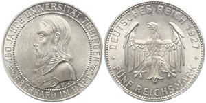 5 Reichsmark Веймарская республика (1918-1933) Серебро Эберхард I Светлый