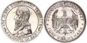 5 Reichsmark Веймарская республика (1918-1933) Серебро Эберхард I Светлый