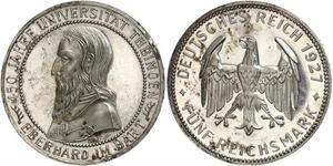 5 Reichsmark Веймарская республика (1918-1933) Серебро Эберхард I Светлый