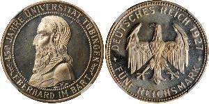 5 Reichsmark Веймарская республика (1918-1933) Серебро Эберхард I Светлый