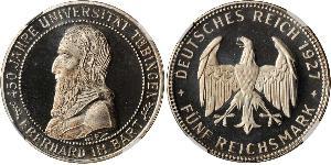 5 Reichsmark Веймарская республика (1918-1933) Серебро Эберхард I Светлый