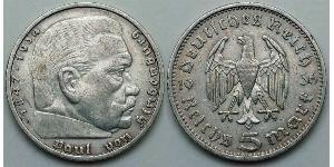 5 Reichsmark Третий рейх (1933-1945) Серебро Гинденбург, Пауль фон