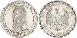5 Reichsmark Веймарська республіка (1918-1933) Срібло Ебергард I (граф Вюртембергу)