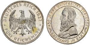 5 Reichsmark Веймарська республіка (1918-1933) Срібло Ебергард I (граф Вюртембергу)