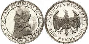 5 Reichsmark Веймарська республіка (1918-1933) Срібло Ебергард I (граф Вюртембергу)