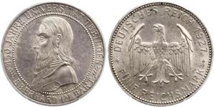 5 Reichsmark Веймарська республіка (1918-1933) Срібло Ебергард I (граф Вюртембергу)