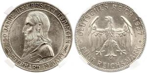 5 Reichsmark Веймарська республіка (1918-1933) Срібло Ебергард I (граф Вюртембергу)