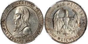 5 Reichsmark Веймарська республіка (1918-1933) Срібло Ебергард I (граф Вюртембергу)