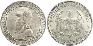5 Reichsmark Веймарська республіка (1918-1933) Срібло Ебергард I (граф Вюртембергу)