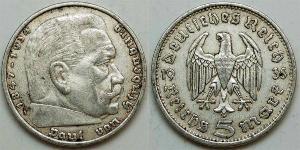 5 Reichsmark Третій рейх (1933-1945) Срібло Пауль фон Гінденбург