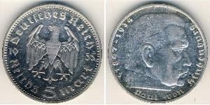 5 Reichsmark 納粹德國 (1933 - 1945) 銀 保罗·冯·兴登堡 (1847 - 1934)