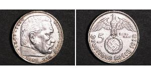 5 Reichsmark 納粹德國 (1933 - 1945) 銀 保罗·冯·兴登堡 (1847 - 1934)