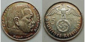 5 Reichsmark 納粹德國 (1933 - 1945) 銀 保罗·冯·兴登堡 (1847 - 1934)