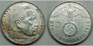 5 Reichsmark 納粹德國 (1933 - 1945) 銀 保罗·冯·兴登堡 (1847 - 1934)
