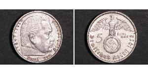 5 Reichsmark 納粹德國 (1933 - 1945) 銀 保罗·冯·兴登堡 (1847 - 1934)