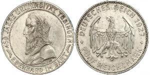 5 Reichsmark 魏瑪共和國 (1919 - 1933) 銀 Eberhard I, Count of Württemberg
