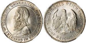 5 Reichsmark 魏瑪共和國 (1919 - 1933) 銀 Eberhard I, Count of Württemberg