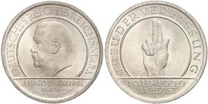5 Reichsmark / 5 Марка Веймарская республика (1918-1933) Серебро Гинденбург, Пауль фон