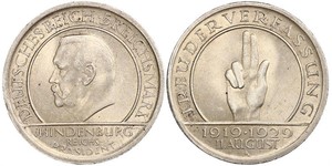 5 Reichsmark / 5 Марка Веймарская республика (1918-1933) Серебро Гинденбург, Пауль фон