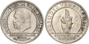 5 Reichsmark / 5 Марка Веймарская республика (1918-1933) Серебро Гинденбург, Пауль фон