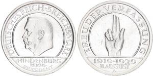5 Reichsmark / 5 Марка Веймарская республика (1918-1933) Серебро Гинденбург, Пауль фон