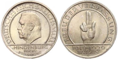 5 Reichsmark / 5 Марка Веймарська республіка (1918-1933) Срібло Пауль фон Гінденбург