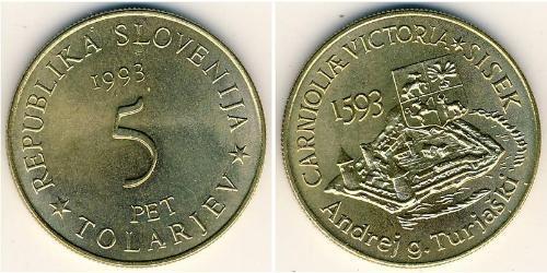 5 Tolar Slovénie Laiton 
