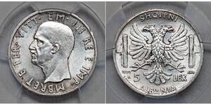 5 Лек Королевство Албании (1939-1943) Серебро Виктор Эммануил III (1869 - 1947)