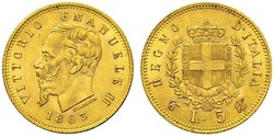 5 Лира Kingdom of Italy (1861-1946) Золото Victor Emmanuel II of Italy (1820 - 1878)