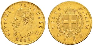 5 Лира Kingdom of Italy (1861-1946) Золото Victor Emmanuel II of Italy (1820 - 1878)