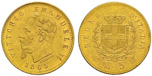5 Лира Kingdom of Italy (1861-1946) Золото Victor Emmanuel II of Italy (1820 - 1878)