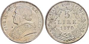 5 Ліра Папська держава (752-1870) Срібло Пій IX (1792- 1878)