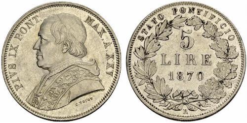 5 Ліра Папська держава (752-1870) Срібло Пій IX (1792- 1878)