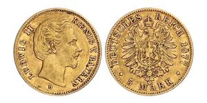 5 Марка Королівство Баварія (1806 - 1918) Золото Людвіг II (король Баварії)(1845 – 1886)