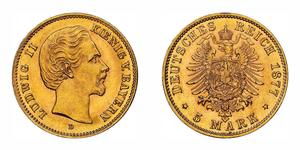 5 Марка Королівство Баварія (1806 - 1918) Золото Людвіг II (король Баварії)(1845 – 1886)