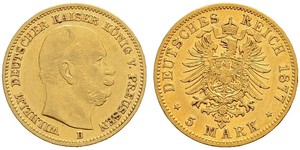 5 Марка Пруссия (королевство) (1701-1918) Золото Wilhelm I, German Emperor (1797-1888)