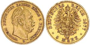 5 Марка Пруссия (королевство) (1701-1918) Золото Wilhelm I, German Emperor (1797-1888)