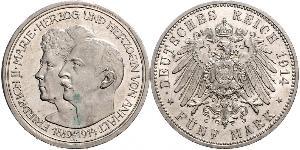 5 Марка Ангальт-Дессау (1603 -1863) Серебро Фридрих II, герцог Ангальта(1856 – 1918)