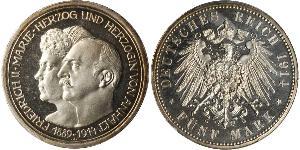 5 Марка Ангальт-Дессау (1603 -1863) Серебро Фридрих II, герцог Ангальта(1856 – 1918)
