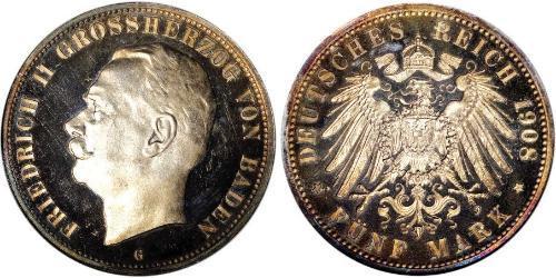 5 Марка Великое герцогство Баден (1806-1918) Серебро Frederick II, Grand Duke of Baden (1857 - 1928)