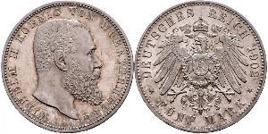 5 Марка Королевство Вюртемберг (1806-1918) Серебро Wilhelm II, German Emperor (1859-1941)