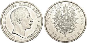5 Марка Пруссия (королевство) (1701-1918) Серебро Wilhelm II, German Emperor (1859-1941)