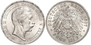 5 Марка Пруссия (королевство) (1701-1918) Серебро Wilhelm II, German Emperor (1859-1941)